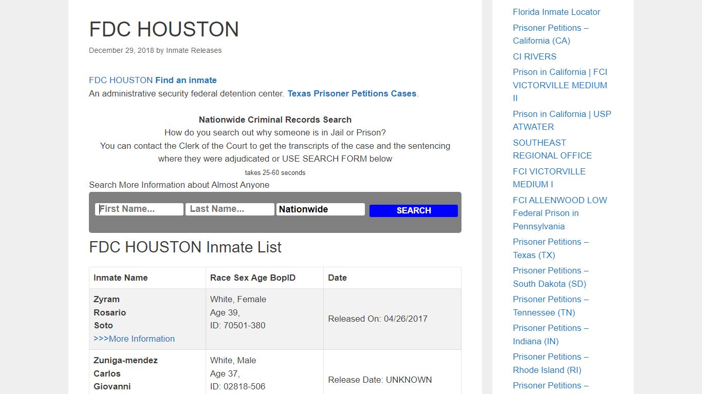 FDC HOUSTON – Inmate Releases